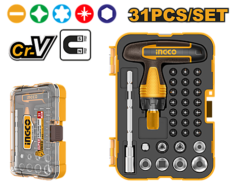 Отверткa реверсивная Т-образная с набором бит и головок INGCO HKSDB0318 31 шт  642529