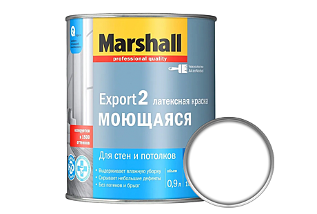 Краска МАРШАЛ Export-2 BW латексная моющаяся (для стен и потолков), 0,9л